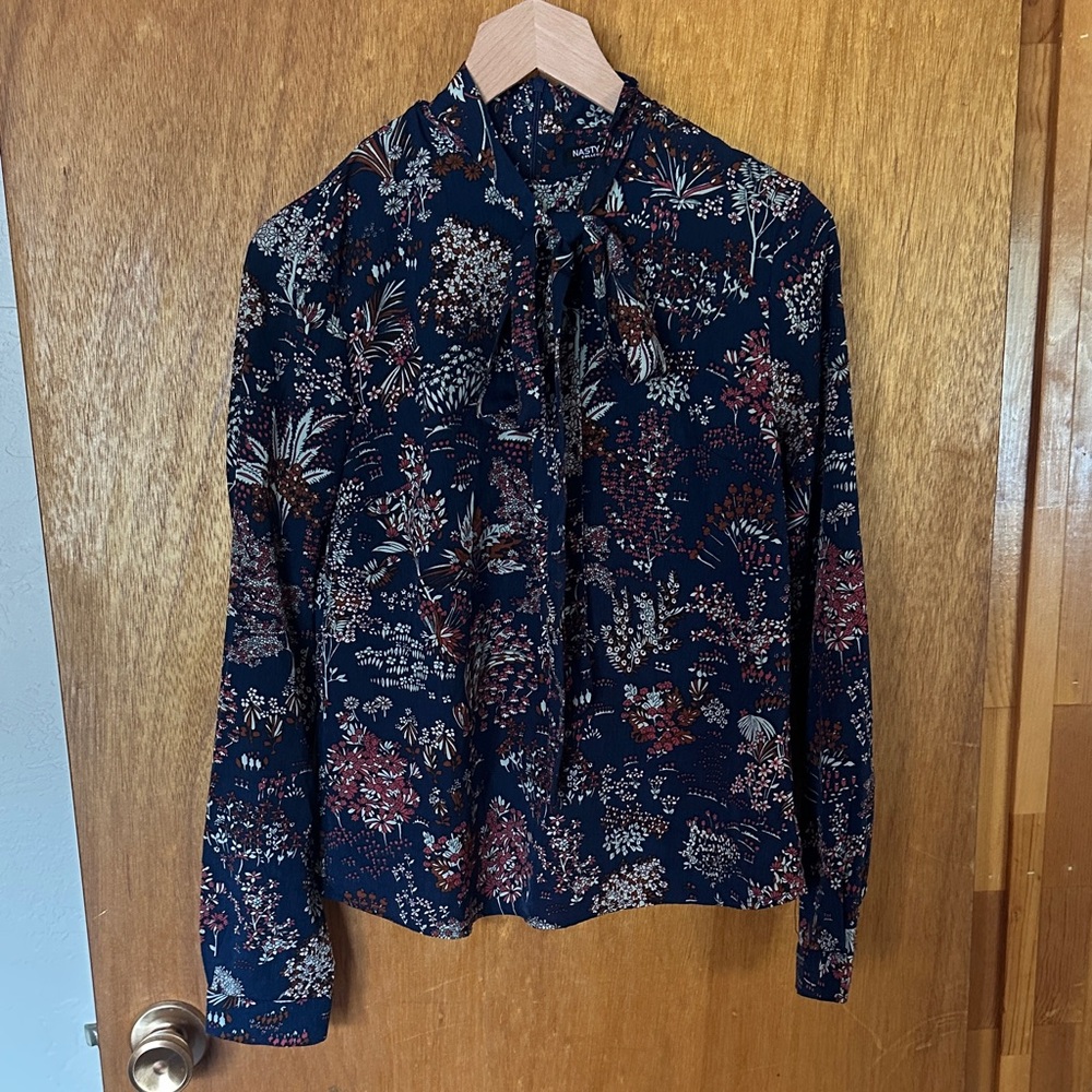 Nasty Gal Navy Floral Tie-Neck Blouse with Rust & Cream Accents